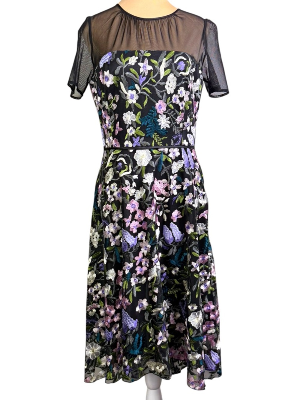 Alex Marie Floral Embroidered High Low Midi Dress Black Mesh Women's Size 6